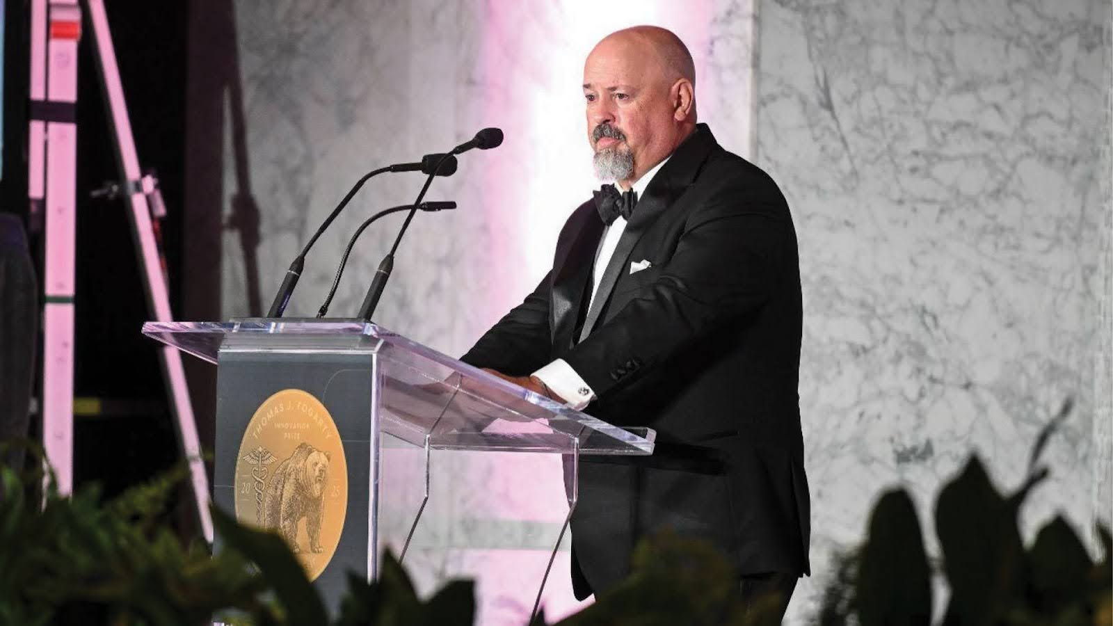 Andrew Cleeland onstage at the inaugural Thomas J. Fogarty Innovation Prize Gala, October 24, 2025
