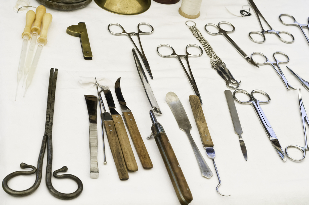 Vintage and representative surgical instruments on display at July 2013 reenactment of Battle of Chickasaw Bayou (1862) in the American Civil War, Wauconda, Illinois